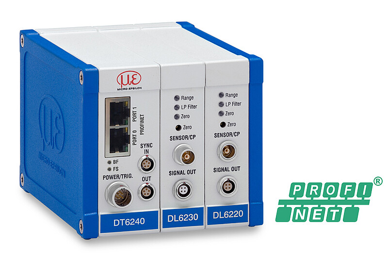 Sistema di misurazione standard capacitivo con PROFINET: controller DT6240 con demodulatore DL6220 e DL6230